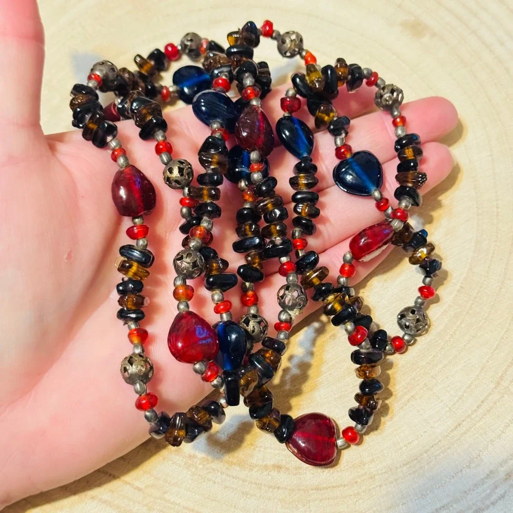 VTG BOHO Heart Necklace‎ colorful poured art Glass beads strand Statement 42